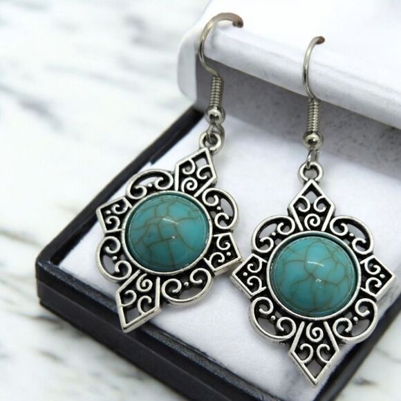 Western Turquoise Bead Silver Filagree Dangle Earrings Bohemian Tribal Jewelry - Picture 2 of 3